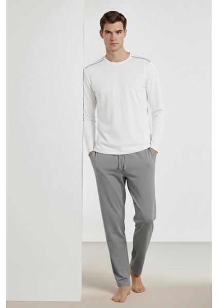 %100 Pamuk Erkek Süprem Pijama Takımı Compact Penye Gri Beyaz Uzun Kol Cepli Ipli Relax Fit Terletmez indirimleri