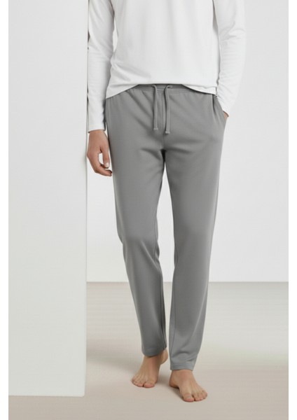 %100 Pamuk Erkek Süprem Pijama Takımı Compact Penye Gri Beyaz Uzun Kol Cepli Ipli Relax Fit Terletmez