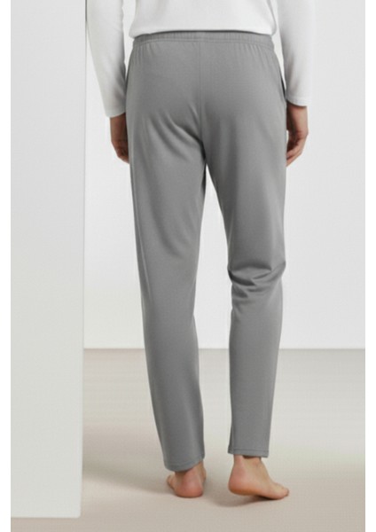 %100 Pamuk Erkek Süprem Pijama Takımı Compact Penye Gri Beyaz Uzun Kol Cepli Ipli Relax Fit Terletmez