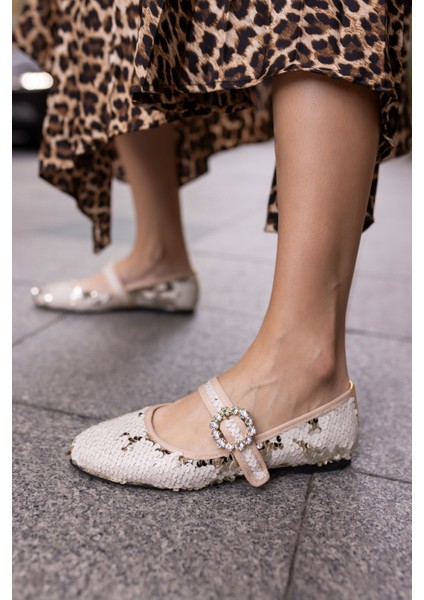 Niso Kadın Bej Altın Payetlı Atkılı Babet