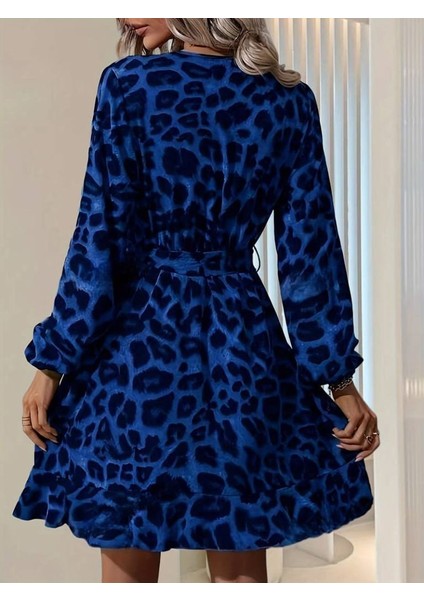 Kadın Uzun Kollu Kruvaze Yaka Belden Kuşaklı Çapraz Kesim Detaylı Leopar Modal Mini Elbise fırsatları