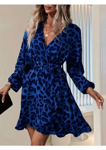 Kadın Uzun Kollu Kruvaze Yaka Belden Kuşaklı Çapraz Kesim Detaylı Leopar Modal Mini Elbise indirimleri