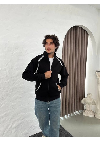 Erkek Oversize Dik Yaka Fermuarlı Sweatshirt - Zincir Nakışli Kanguru Cepli - Siyah modelleri