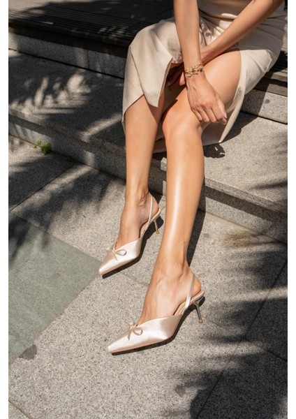 Babes Kadın Bej Saten Özel Ökçe Topuklu Ayakkabi
