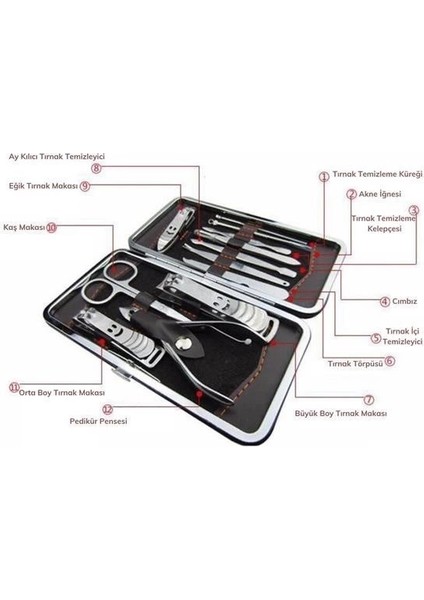 Çantalı Manikür Pensi Profesyonel ve Manikür Pedikür Seti 13 Parça Tırnak Eti Itici ve Cımbı