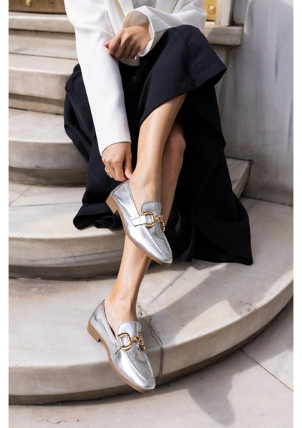 Odesa Kadin Gumus Gercek Deri Ithal Toka Loafer Ayakkabi fırsatları