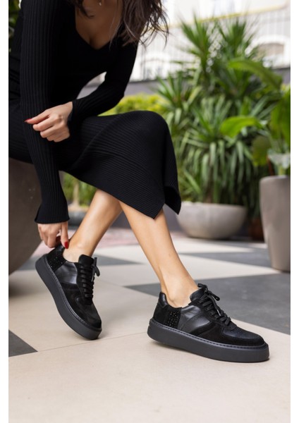 Kadın Siyah Eva Tabani Gercek Deri Sneaker