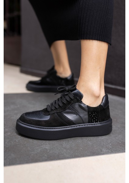 Kadın Siyah Eva Tabani Gercek Deri Sneaker