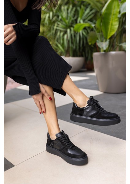 Kadın Siyah Eva Tabani Gercek Deri Sneaker
