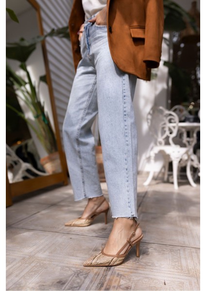 Jaylan Kadın Kahve Bej Hasır Topuklu Sandalet Ayakkabi modelleri