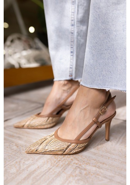 Jaylan Kadın Kahve Bej Hasır Topuklu Sandalet Ayakkabi indirimleri