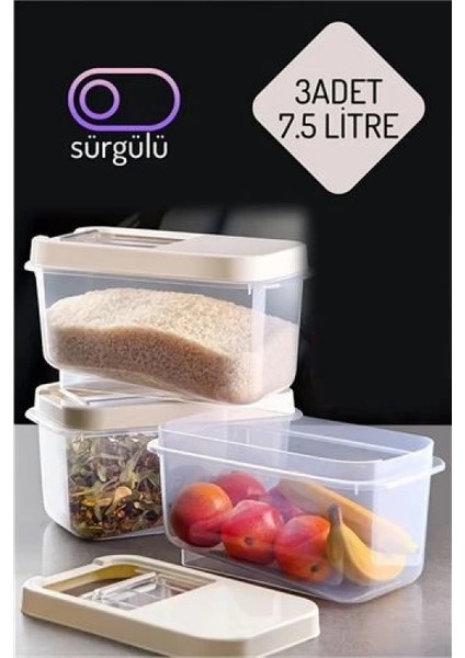 Modacar Erzak Bakliyat Saklama Kabı 3 Lü Set 7.5 Lt Krem