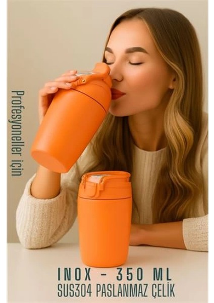 Modacar Inox Çelik Kahve Bardağı - 350 ml SUS304 Çelik Termos Profesyonel Turuncu