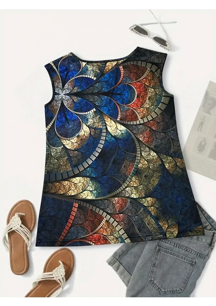 Kadın Sıfır Kol Yuvarlak Yaka Karışık Renkli Baskılı Süprem Bluz fırsatları