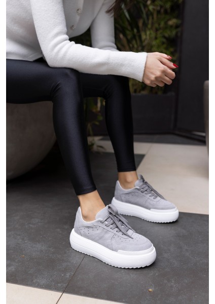 Girlya Kadın Gri Gercek Suet 6 cm Taban Yukseklık Sneaker
