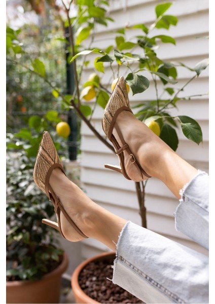 Jaylan Kadın Kahve Bej Hasır Topuklu Sandalet Ayakkabi