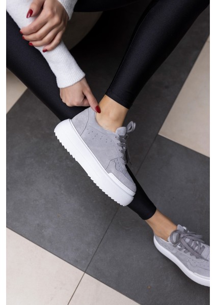Girlya Kadın Gri Gercek Suet 6 cm Taban Yukseklık Sneaker