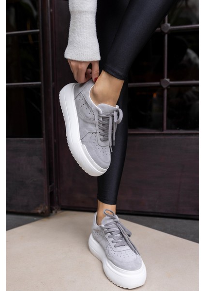 Girlya Kadın Gri Gercek Suet 6 cm Taban Yukseklık Sneaker