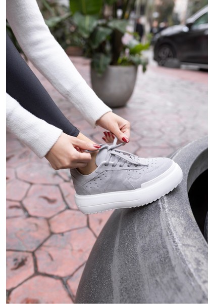Girlya Kadın Gri Gercek Suet 6 cm Taban Yukseklık Sneaker