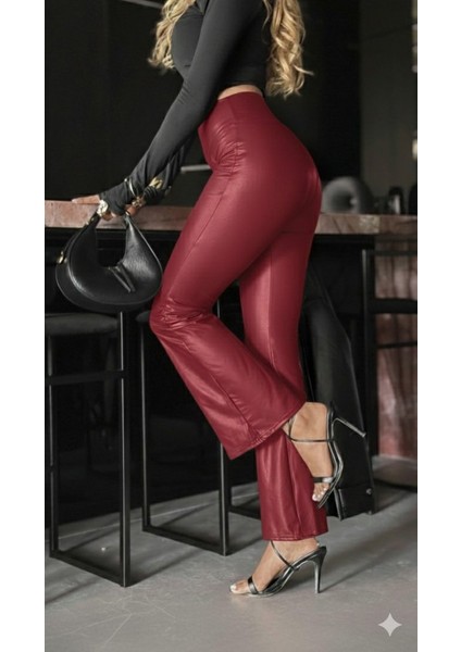 Kadın Yüksek Bel Paçaya Doğru Geniş Deri Pantolon modelleri