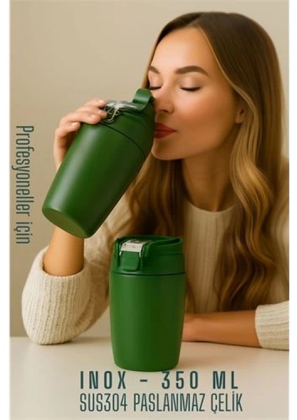 Modacar Inox Çelik Kahve Bardağı - 350 ml SUS304 Çelik Termos Profesyonel Yeşil
