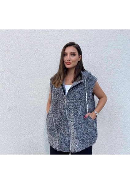 Kadın Kapüşon ve Fermuar Detay Welsoft Kolsuz Yelek
