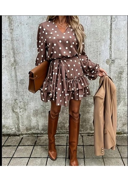 Kadın Uzun Kollu V Yakalı Belden Kuşaklı Puantiyeli Mini Modal Elbise fırsatları