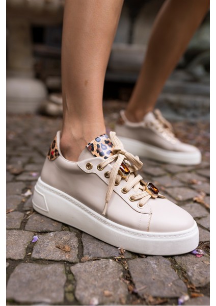 Herbert Kadin Bej Leopar Detayli Baykus Bag Detay Sneaker