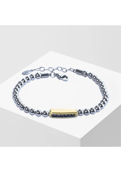 Taşlı Plakalı Gold Silver Erkek Çelik Bileklik