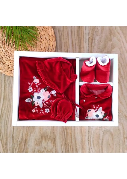 Kız Bebek %100 Pamuk Bordo Kadife Kumaş Işlemeli 6'lı Hastane Çıkışı Zıbın Takımı 0-3 Aylık BBK5903