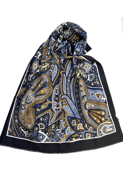 Pamuk Ipek Desenli Şal 41713-LACIVERT