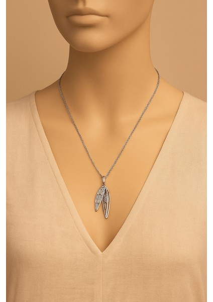 Gümüş Renk Paslanmaz Çelik Yaprak Detaylı Kolye