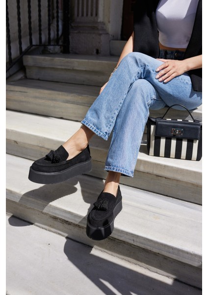 Ajax Kadın Siyah Gercek Suet Puskullu 5 cm Eva Taban Loafer fiyatları