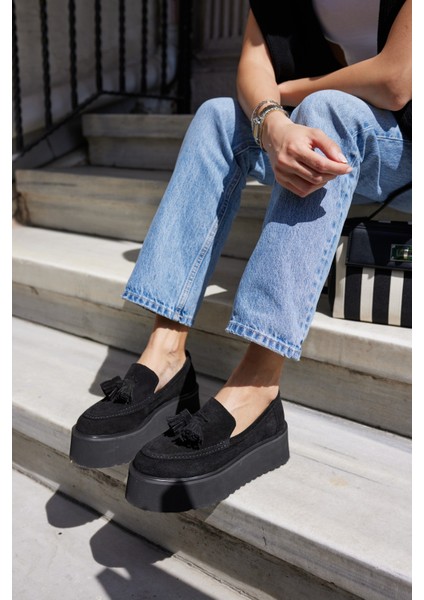 Ajax Kadın Siyah Gercek Suet Puskullu 5 cm Eva Taban Loafer modelleri