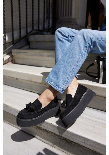 Ajax Kadın Siyah Gercek Suet Puskullu 5 cm Eva Taban Loafer fırsatları