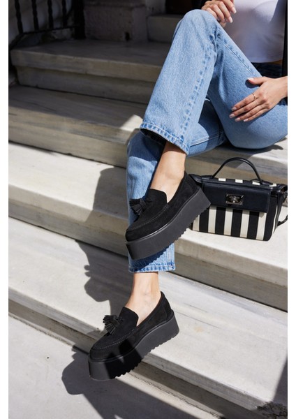 Ajax Kadın Siyah Gercek Suet Puskullu 5 cm Eva Taban Loafer indirimleri