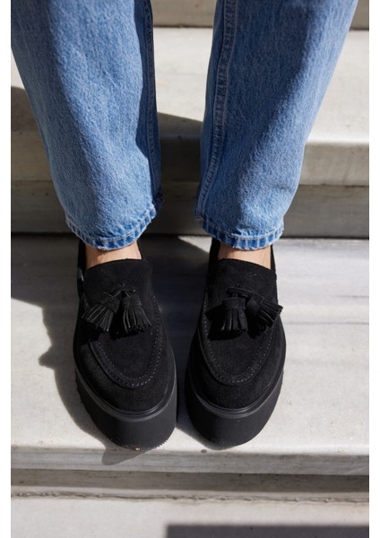 Ajax Kadın Siyah Gercek Suet Puskullu 5 cm Eva Taban Loafer