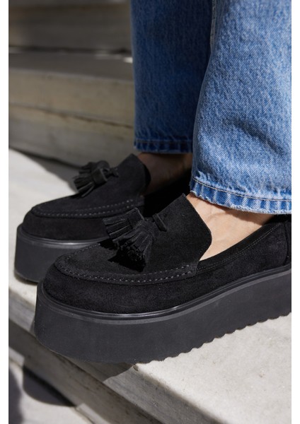 Ajax Kadın Siyah Gercek Suet Puskullu 5 cm Eva Taban Loafer