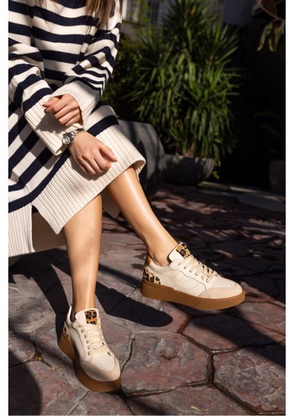 Gordon Kadın Bej Cilt Leopar Garnılı Sneaker