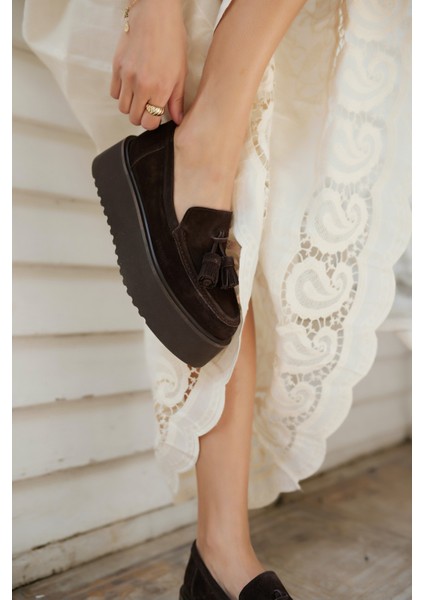 Ajax Kadın Siyah Gercek Suet Puskullu 5 cm Eva Taban Loafer