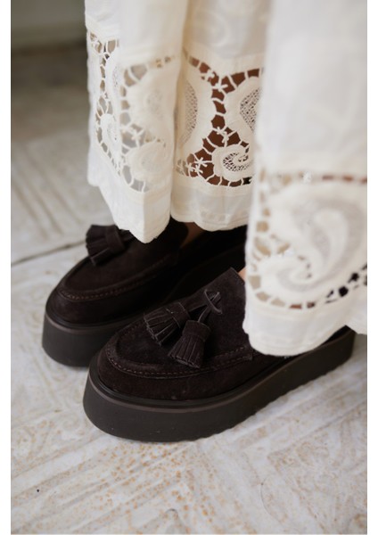 Ajax Kadın Siyah Gercek Suet Puskullu 5 cm Eva Taban Loafer