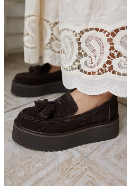 Ajax Kadın Siyah Gercek Suet Puskullu 5 cm Eva Taban Loafer