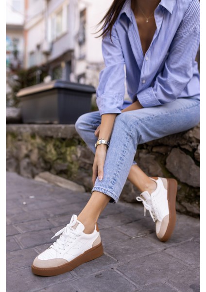 Gordon Kadın Bej Cilt Leopar Garnılı Sneaker