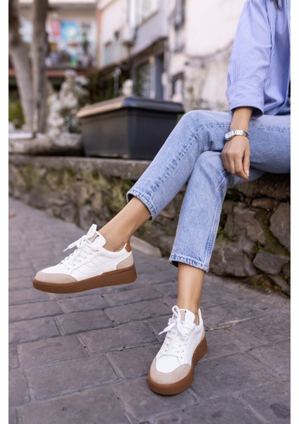 Gordon Kadın Bej Cilt Leopar Garnılı Sneaker