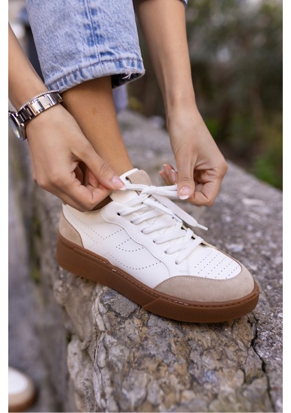 Gordon Kadın Bej Cilt Leopar Garnılı Sneaker