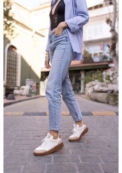 Gordon Kadın Bej Cilt Leopar Garnılı Sneaker