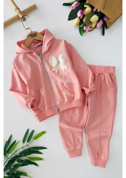 Lovely Fiyonk Detaylı Kapüşonlu Kız çocuk takım - Somon
