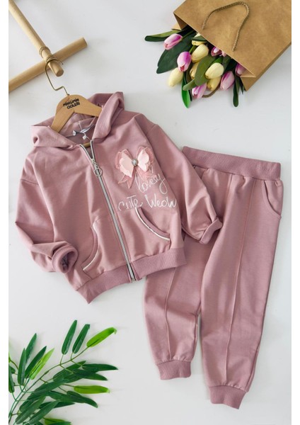 Lovely Fiyonk Detaylı Kapüşonlu Kız çocuk takım - Gül Kurusu