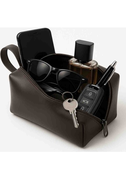Dopp Kit Suni Deri Organizer Aksesuar Şık Tasarım Unisex El Çantası Kahverengi fiyatları