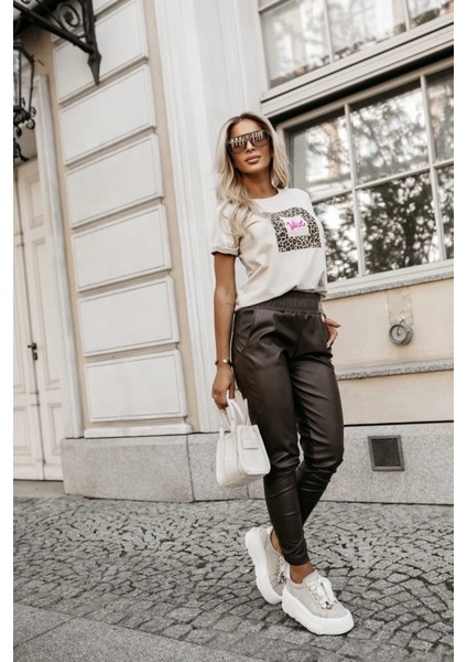 Kadın Yüksek Bel Lastikli Cepli Deri Pantolon modelleri